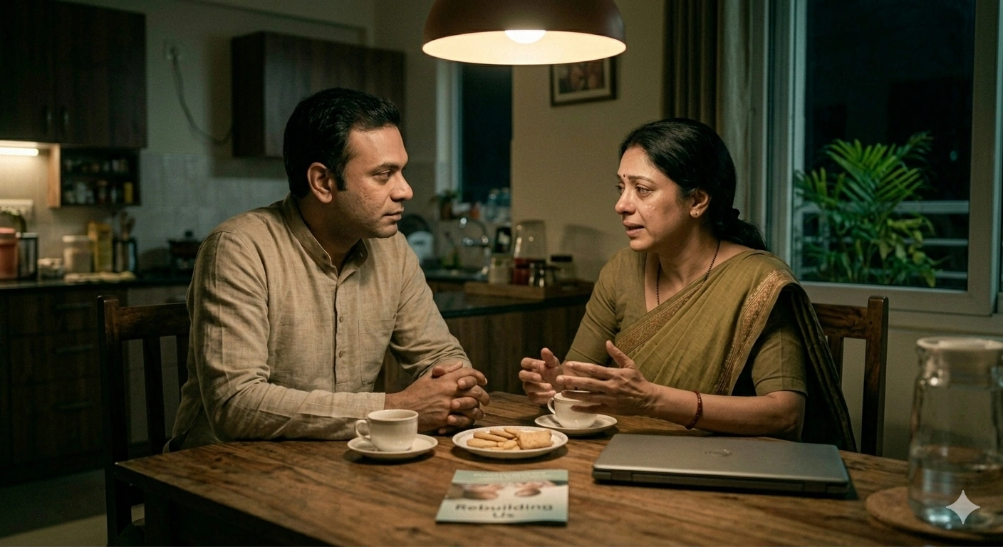 Indian couple rebuilding emotional trust through open communication after betrayal.